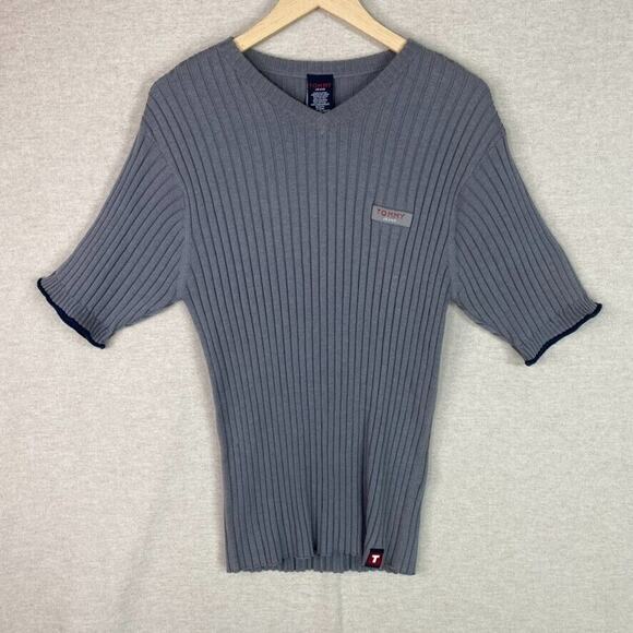 Vintage Tommy Hilfiger Mens Rib Knit Sweater Size XL Fitted Logo Preppy 90s Gray